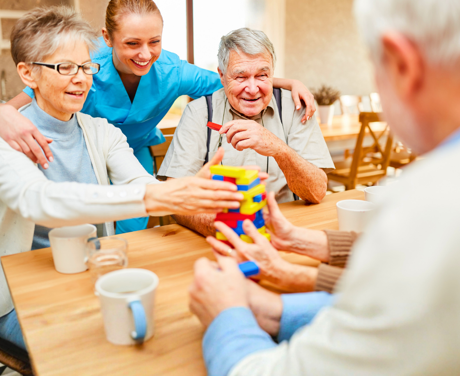 Elderly people play a game together.